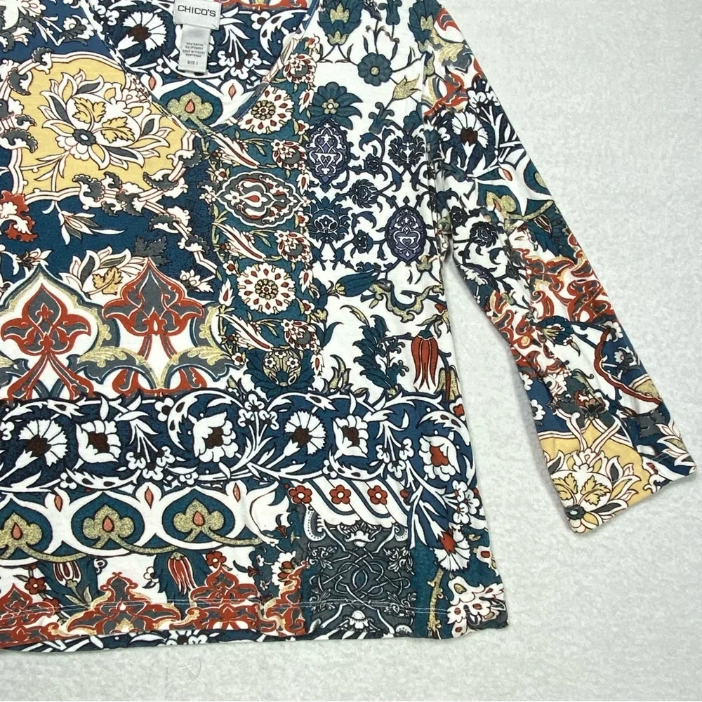 Chico's Paisley Floral Patchwork Top Womens 1 (M/8) Multicolor 3/4 Sleeve V Neck - Picture 4 of 12